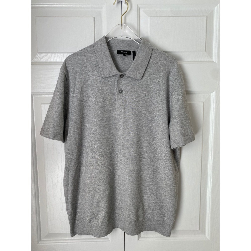 Theory Goris Knit Polo Mens L Silver Heather Short Sleeve Viscose Blend Luxury